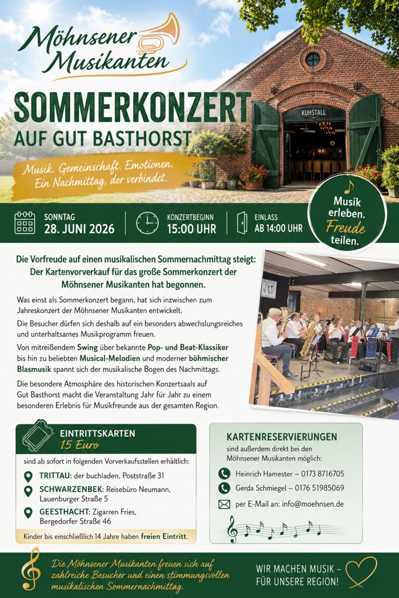 Sommerkonzert der M&ouml;hnsener Musikanten am 28. Juni 2026 